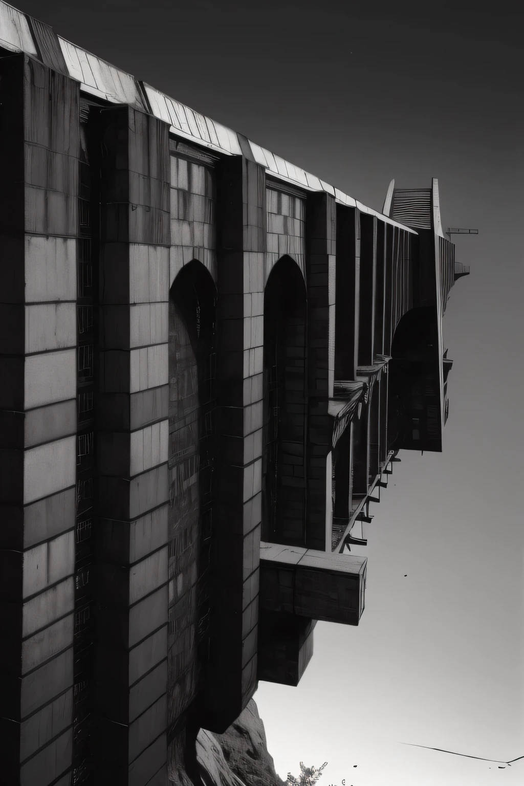 Side view of an imposing giant bridge of brutalist stone going across an imense of darkness, black and white