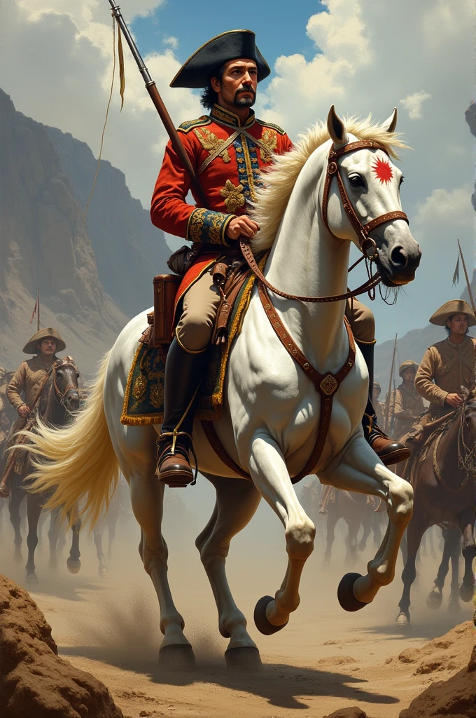 Allegory of Simon Bolivar on his white horse with blood and a little wounded with war skills from Peru