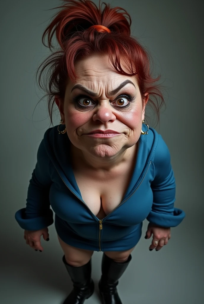 Generate a woman who is 40 years old, overweight, and has a double chin,with dark red hair,with marked and pointy black eyebrows, with dark brown eyes with a lot of black eyeliner and large in the eyes, with a big mouth and outlined in dark brown, with a high, short ponytail on her head and with damaged and dry hair, wearing a short blue robe that is very tight on her body, with tight leggings and black boots, and she has an angry or mean face, with many earrings in her ears and a nose piercing