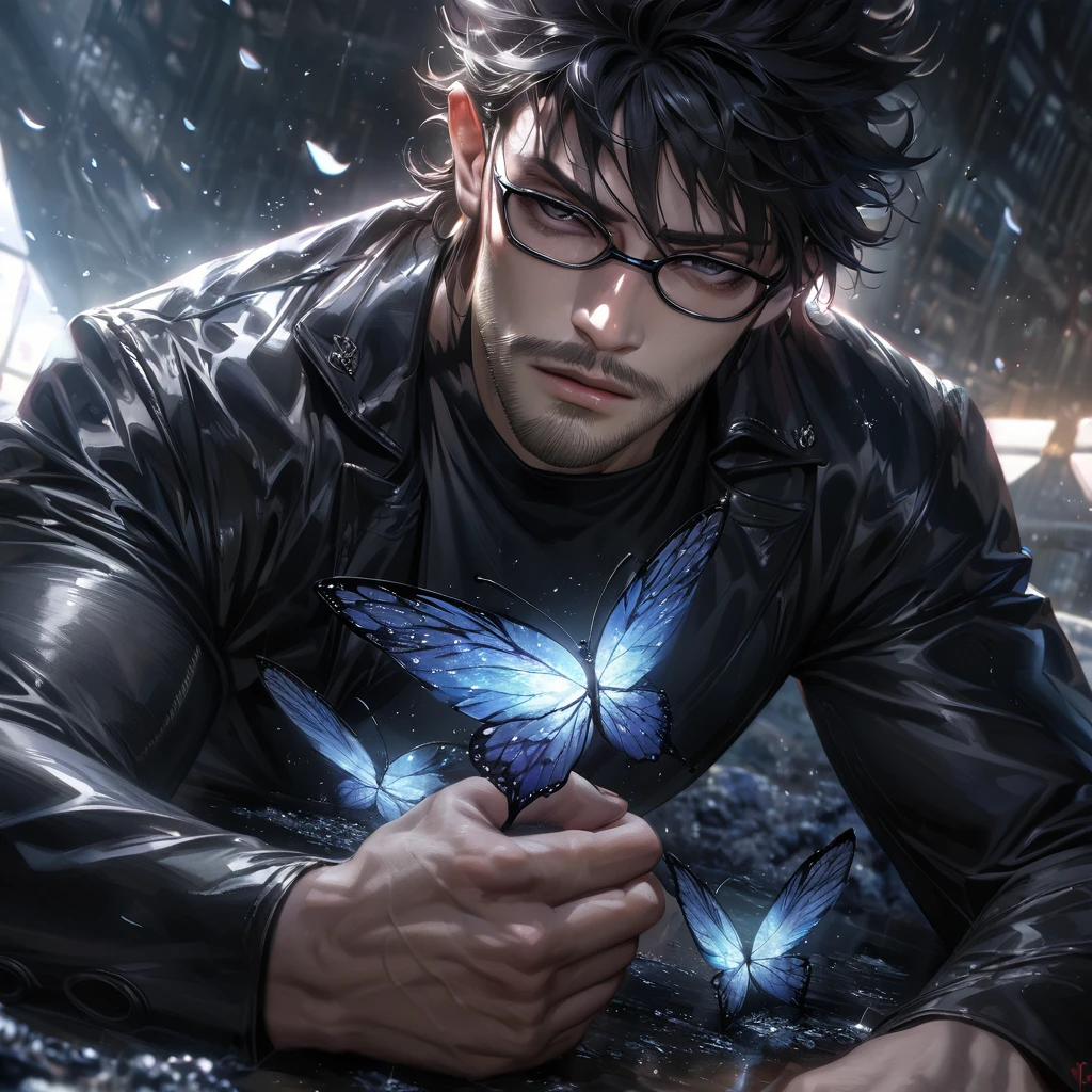 Extremely detailed, high resolution, absurd, HDR, masterpiece, Fushiguro Megumi, Black Hair, Expressive black eyes, Jiu Jitsu Kaiba, Black long coat, black Ice flowers, petal, Very handsome, Sexy men, Solitary, Extremely detailed eyes and face, Black Ice, Black Ice sparkling butterflies, Black T-shirt, Realistic face, sparkling, sparkling eyes, yellow Fox, men with stubble, short beard, short mustache, Beard scum, slightly curly hair, and black square plastic-framed glasses