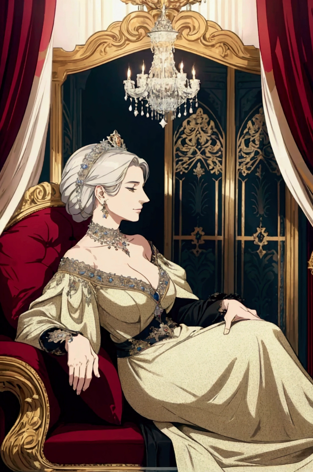 Beautiful elderly woman from a noble European family, resting in her glamorous room