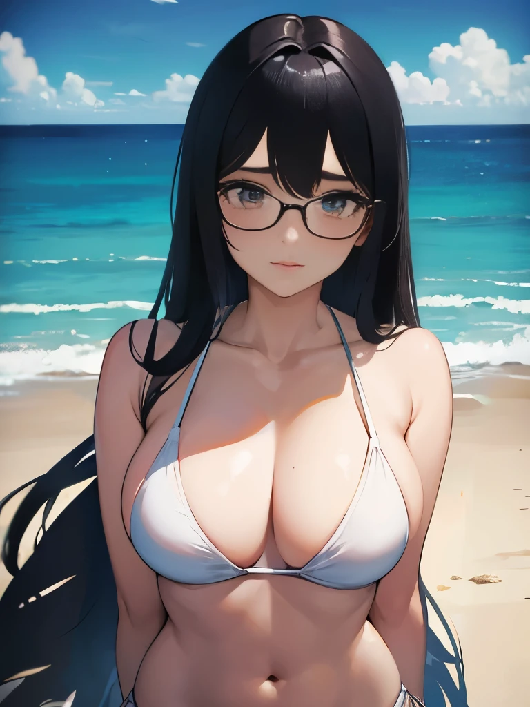 (1girl:1.3), Masterpiece, Best quality, amazing beauty, 4K, absurdres, finely detail, super detailed eye, perfect anatomy, official art, cinematic lighting, BREAK, ocean/beach/sea, silky medium hair, black hair, super shiny detailed brown eyes, facing this way, glasses, embarrassed, BREAK , big breasts, point-of-view shot, BREAK , (school swimsuit:1.2), BREAK,()