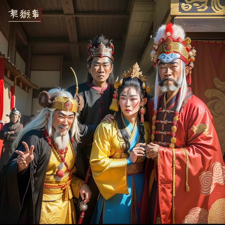 several people dressed in costumes posing for a picture with a monkey, journey to the west, monkey king, peking opera, chinese three kingdoms, scene from live action movie, still from a live action movie, three kingdoms, from three kingdoms, su fu, scene from the film, mu pan, 1 9 7 0 s japanese tv show, chinese mythology