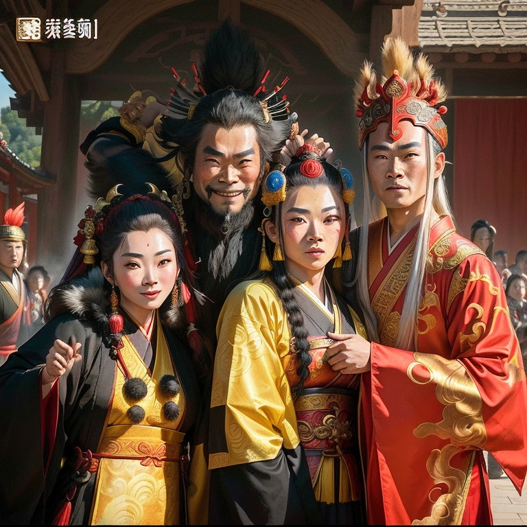 several people dressed in costumes posing for a picture with a monkey, journey to the west, monkey king, peking opera, chinese three kingdoms, scene from live action movie, still from a live action movie, three kingdoms, from three kingdoms, su fu, scene from the film, mu pan, 1 9 7 0 s japanese tv show, chinese mythology