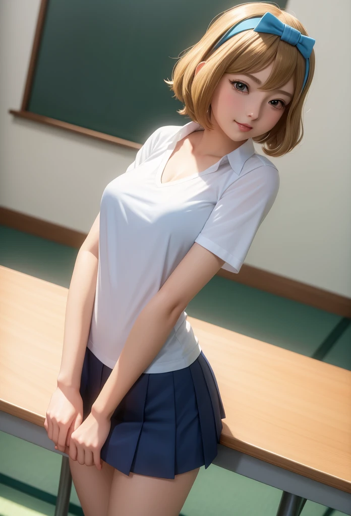 Masterpiece,Solo,One Girl,Serena,(Pokemon XY),Big Breasts,Perfect Body,Ultra High Quality,Ultra High Resolution,Photograph 16K,Ultra Detailed,Short Hair,Hairband,Beautiful,Beautiful Woman,Theme School Girl,School Girl Short Sleeve Japanese,Short Skirt,Classroom Background