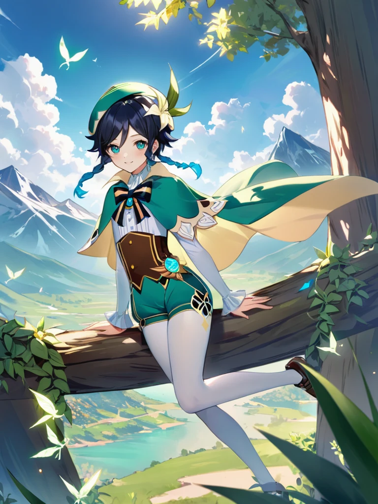 Mihoyo splash art, 1boy, venti_\(genshin_impact\), dsmile:.5, soft pastel, best quality, absurdres, very aesthetic, flat chest, beautiful bluegreen gradient eyes, shorts, white pantyhose, cape, hat, feathers, clouds, crystalflies, mountains in background, large tree, vines, long lashes, full body,realistic:.2,clean smooth lines,professional,trending on artstation,highres