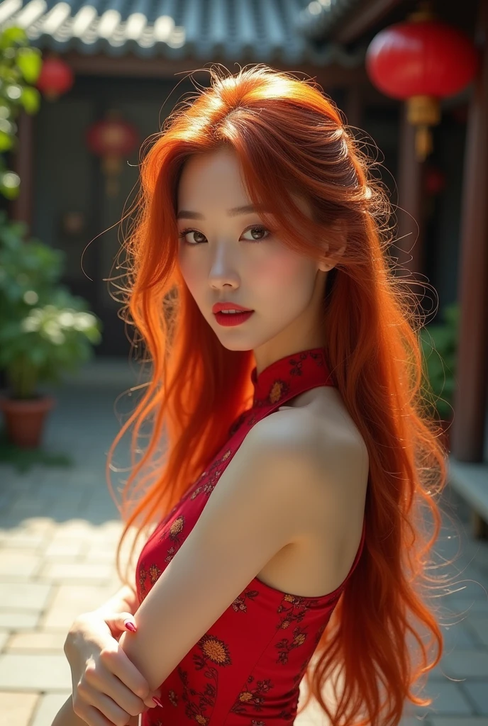 nsfw, 8K raw photo, Best quality, masterpiece, ultra high res, looking at viewer, (long red hair:1.2), natural skin texture, realistic eye and face details, rouge (makeup), full lips, parted lips, lipstick, beautiful legs, tall female, skinny, slim_legs, thigh_gap, model, medium breasts, Chinese style courtyard, outdoors, China Dress,