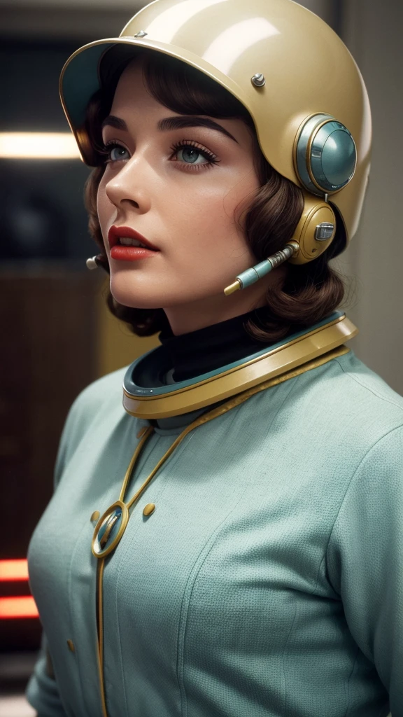 retro color work、Raw photo,Best Quality, master piece,high resolution,detailed,(Photorealsitic:1.4),Well-defined contours,1950retrofuturism、1950s retro science fiction drama、wore a strange helmet、50's retro-futuristic fashion clothes,young woman、perfect face、beautiful ,(50's retro-futuristic fashion clothesを着た(male))、sunlight,realistic shadow,realistic wilderness background,cinematic lighting, and 50's retro-futuristic robots、Robby the Robot、Buck Rogers、Flesh Gordon、BARBARELLA、Forbidden Planet、Lost in Space