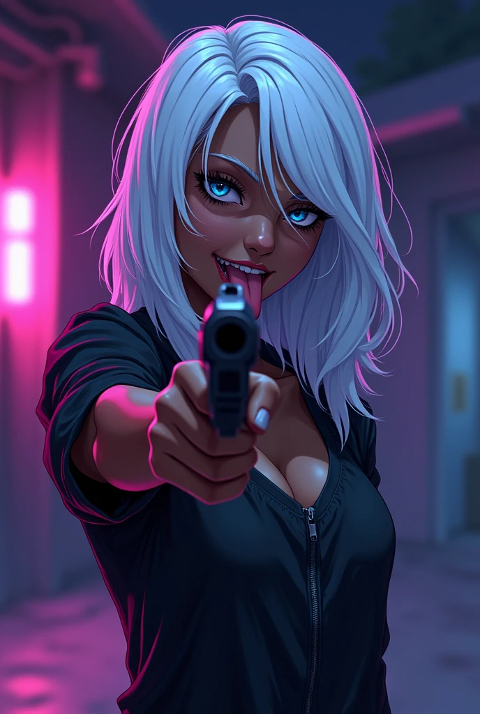 Black girl with white hair, white eyebrow, white eyelashes, brown skin tone, with a malicious smile and a large, pointed tongue sticking out, pointing a gun at the camera at night with a lighting tone pulled towards purple and a bit of blue art style: アニメ
