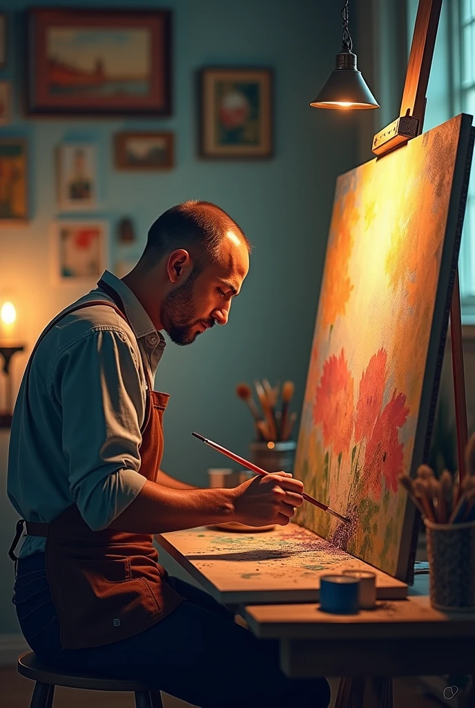 He's in a room with art canvases all around and he's painting.