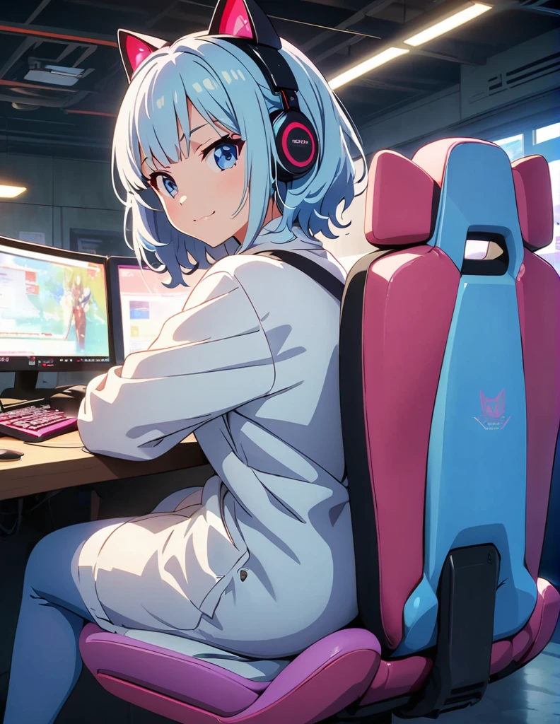 (anime artwork, anime style, studio anime, very detailed, up to date, vibrant, Anime Coloring, high contrast, masterpiece:1.2, best quality, best aesthetics),1 girl,light Blue hair,Mullet hairstyle,Best quality,light smile,{{gaming pc}}, {{gaming chair}}, holding_controller, foreshortening,(cat ear:1.5),ear phone, perfect anatomy,blue eyes,