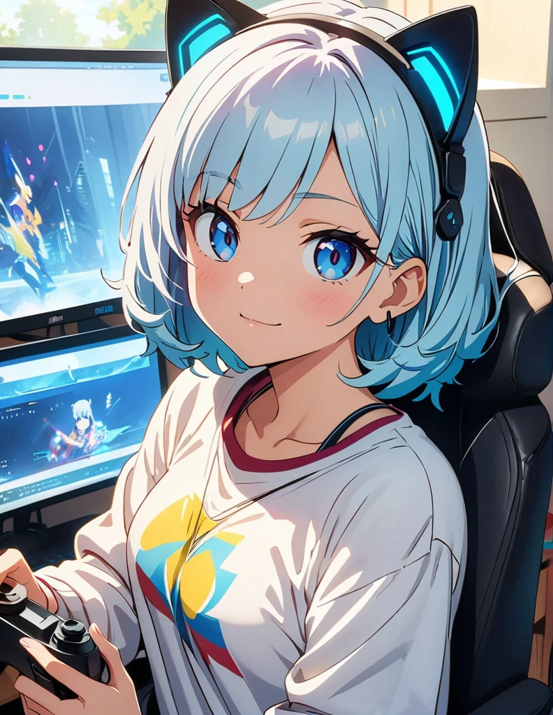 (anime artwork, anime style, studio anime, very detailed, up to date, vibrant, Anime Coloring, high contrast, masterpiece:1.2, best quality, best aesthetics),1 girl,light Blue hair,Mullet hairstyle,Best quality,light smile,{{gaming pc}}, {{gaming chair}}, holding_controller, foreshortening,(cat ear:1.5),ear phone, perfect anatomy,blue eyes,