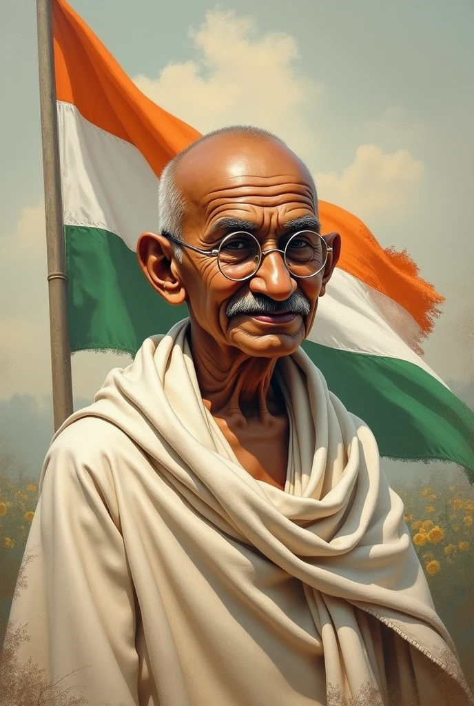 Mahatma Gandhi along with Indian flag