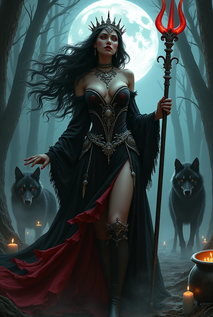 30 year old woman, evil witch,  smile, laughing, evil,   with black skin, wind, very long black curls, full moon, forest or swamp, sexy sensual black and red dress, knife or knife hanging from the leg, Trident in hand, silver crown, many jewels, barefoot, many black wolves in the background,  veil covers face, Red eyes, red and red dress, necklaces, candles, calaveras, naked, wind, cauldron, blood