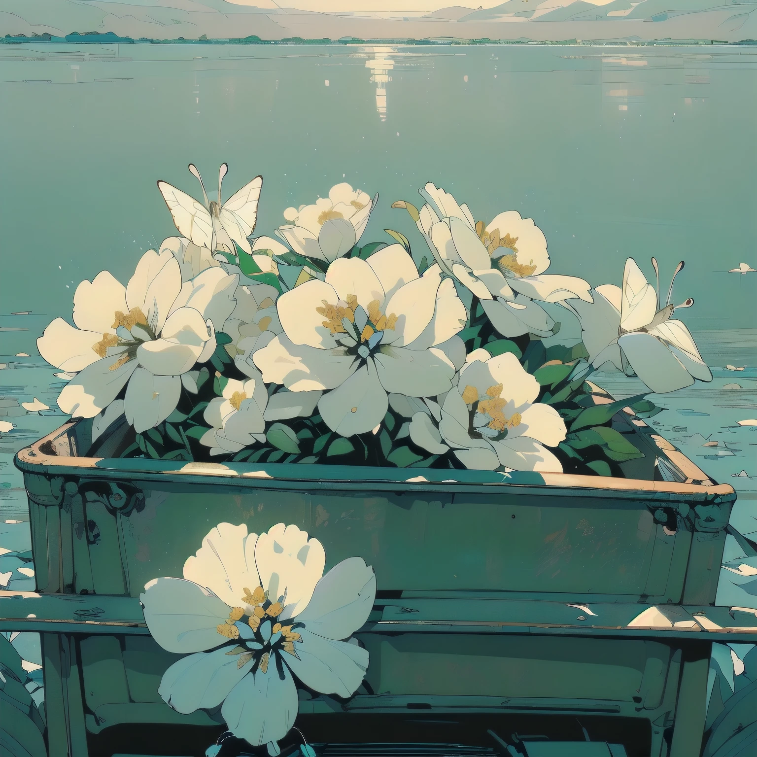 (((Masterpiece, top quality))), (((32K wallpaper))), ultra high resolution, (((close-up))), gorgeous light leak, (((backlit))), highly detailed background, top quality, (((no humans))), highly transparent river, (((extremely detailed rusty heavy truck with many white flowers)), (((( very dull color )))), (((( white flowers in the water))), (((Colorful butterfly))),(((Strong light shines in)))