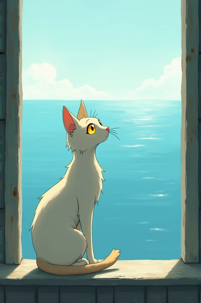A white cat sits by the window overlooking the distant sea.。has a bit of brown mixed in its fur。The nose is pink。Cool impression。Eye color: yellow。Painterly。Old cat。Ghibli style。Slender body。