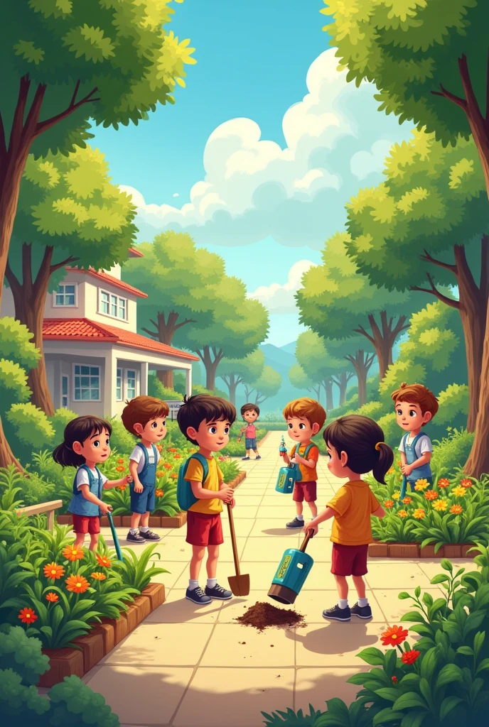 Could you create an image where children are taking care of and respecting the nature and environment of their community and school?