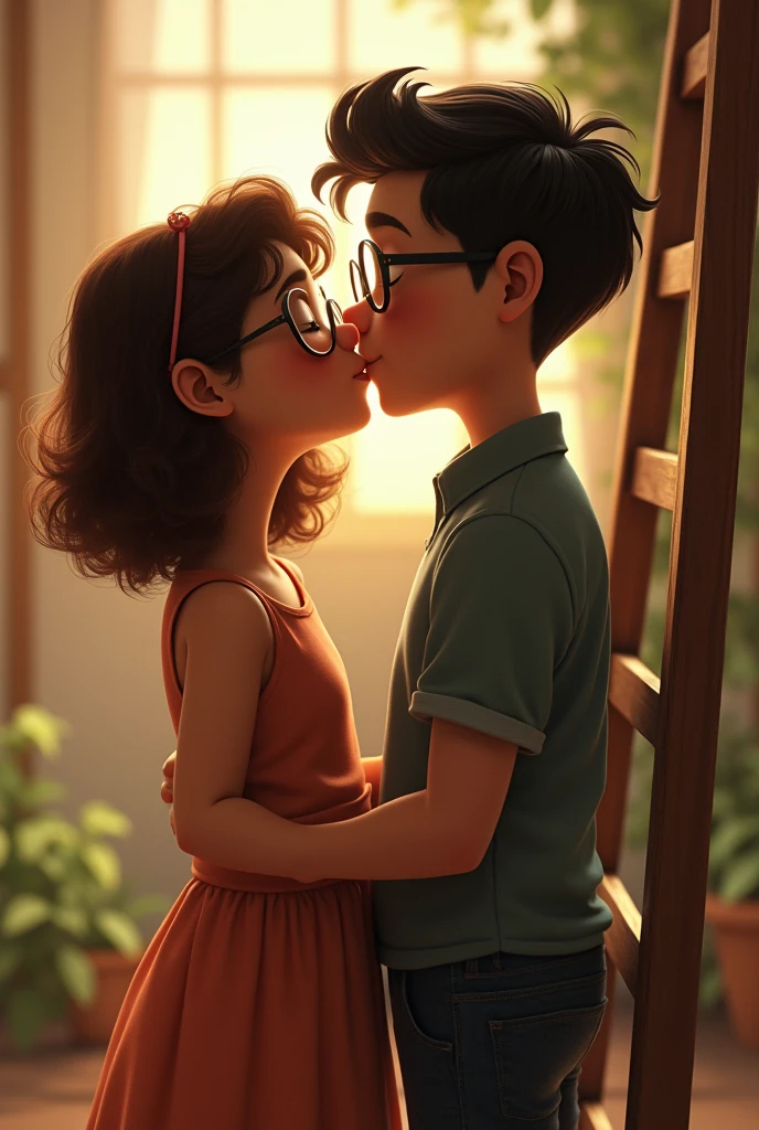 A young girl with glasses and curly hair kissing a man with glasses and black hair who is taller than her on the lips., on a ladder