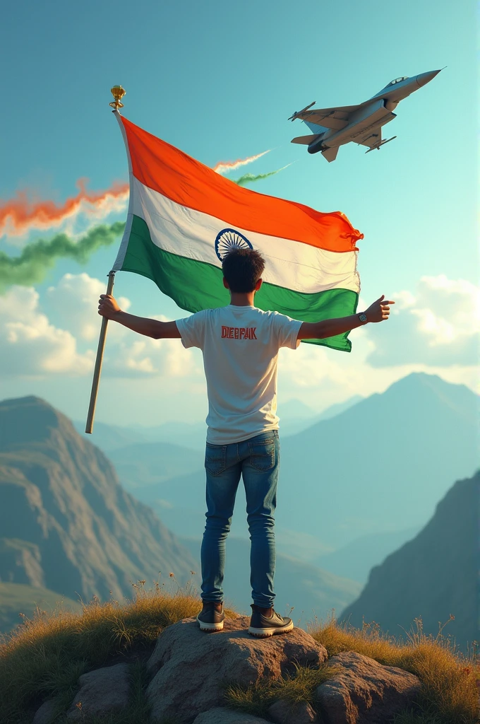 A 20 year old boy who is wearing t shirt name is Deepak on his T shirt , holding an Indian flag . He is standing on mountain hill and fighter jet flying on the sky with Indian flag clour removing on the air