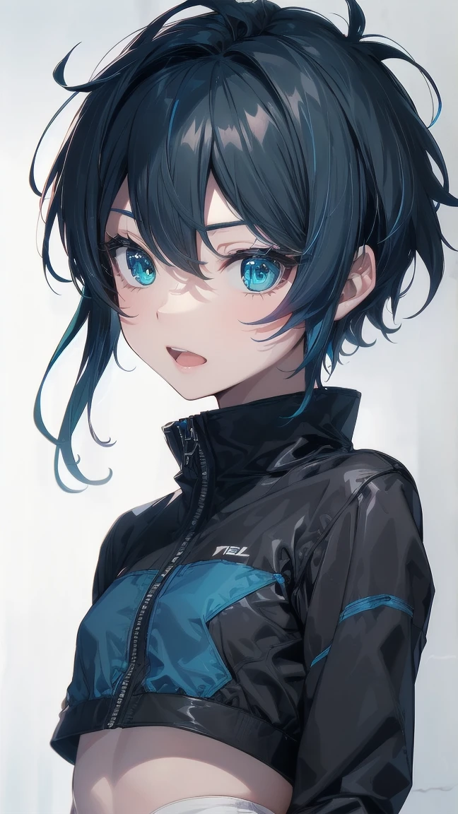 Close-up of a manga girl with blue hair and a yellow shirt, 2D Animation, 2D Animation style, 2D Art, 2D Art, 2D from Gorillaz, 2D from Gorillaz, 2D Gorillaz, Screaming Cerket, 2D Sprite, Jinx Face, short hair, Small breasts, hot pants, ((Black Hair, Inner bright blue hair:1.4))