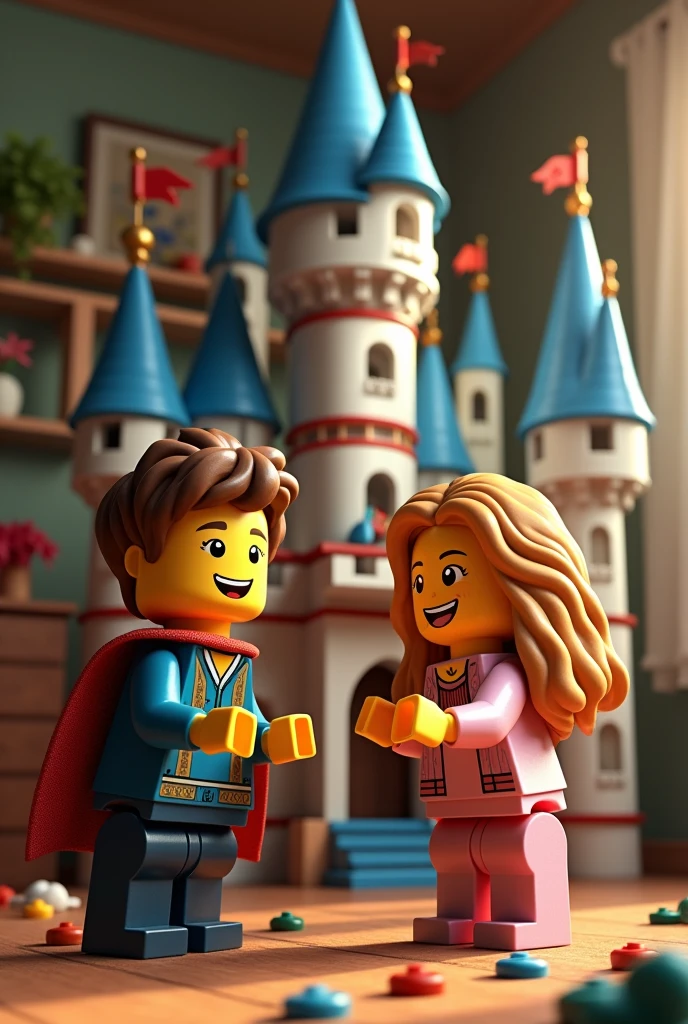 "A magical LEGO castle with towers, drawbridges, and secret rooms, with Max and Lily playing around it, filled with joy and laughter. The castle is set against a cozy room with soft lighting and scattered LEGO pieces."

