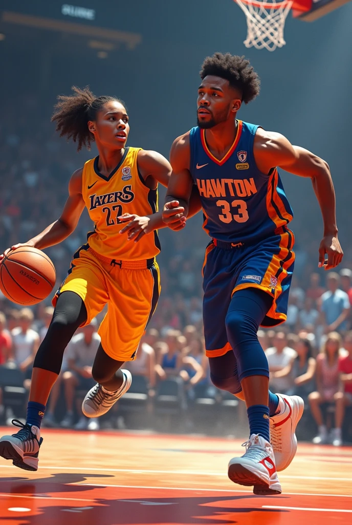 BASKETBALL WOMAN AND MAN WHERE THE TYPE OF CLOTHING THEY WEAR INSIDE THE GAME STANDS OUT, so they look at the audience
