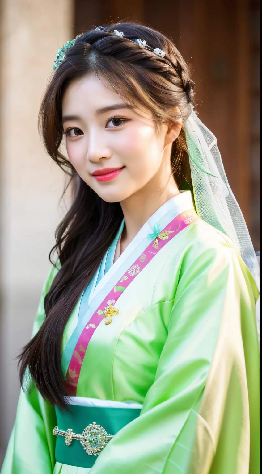 a close up of a woman in a white and green dress, bae suzy, iu lee ji-eun as a super villain, inspired by Zhang Yin, inspired by Gu An, hanfu, wearing ancient chinese clothes, palace , a girl in hanfu, beautiful south korean woman, korean woman, inspired by Shin Saimdang, gongbi, inspired by Huang Ji