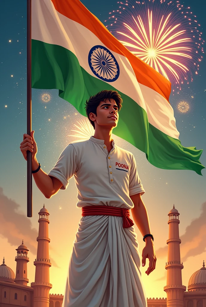 “Illustration of a 20-year-old Indian men dressed in a Andra Pradesh treadisinal, proudly holding the Indian flag. He standing in front of a historic monument with fireworks in the sky. Her blouse has ‘POORNA‘ embroidered in red, and the text ‘Happy Indipendents day next line Proud to be Indian’ shines above.”