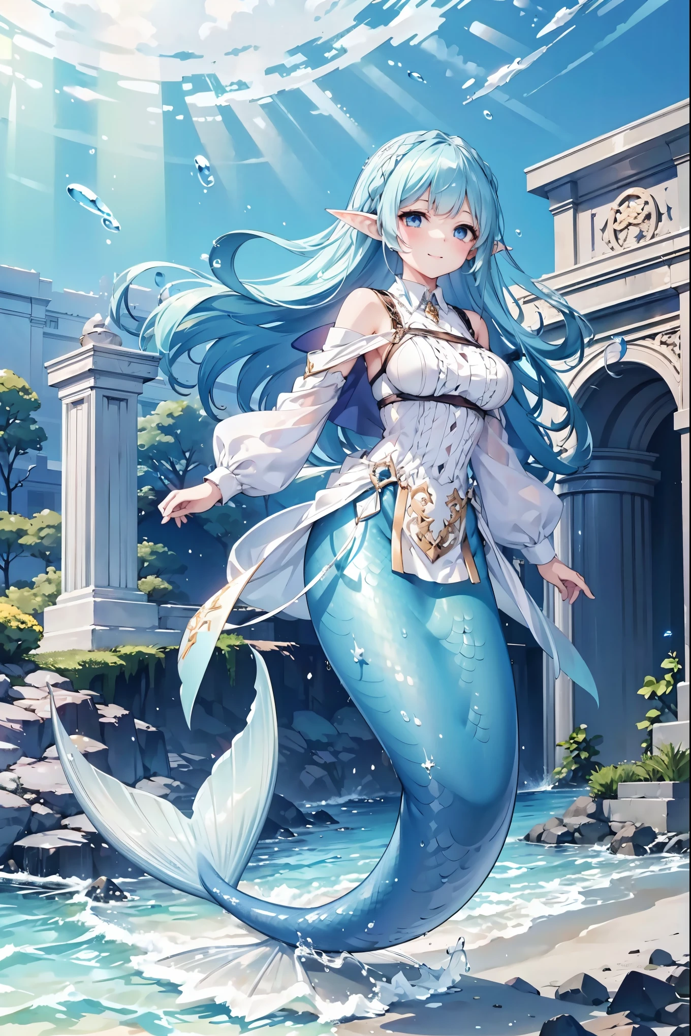 masterpiece, best quality,A girl,Blue Hair,White Dress,Ahog,blue eyes, Elf ears,Solitary,Large Breasts,Mermaid,蓝色的Mermaid尾巴,full-body shot,(In the water:1.2),charming face(Kawaii, charming,Soft),Looking at the audience,Smile