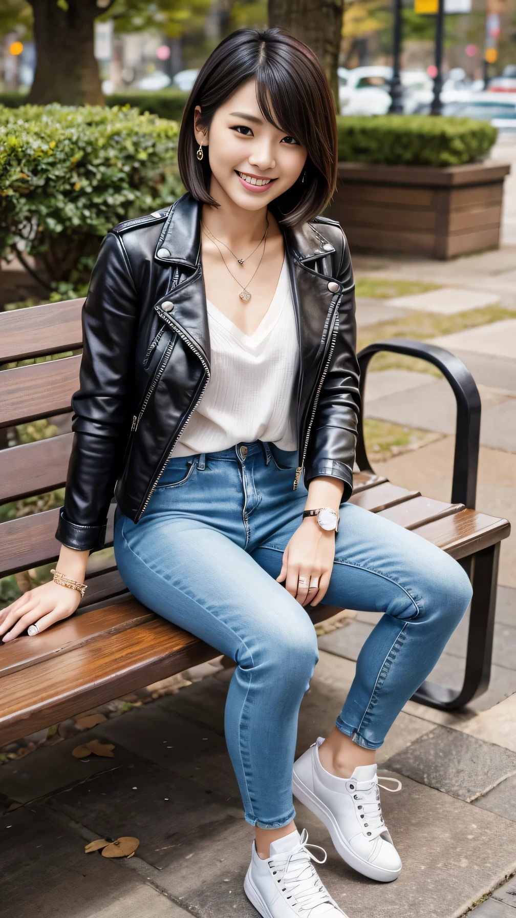 Super Resolution、Beautiful Japanese Women、Full body photo、sitting on a park bench、short hair、、ear piercing、necklace、leather jacket、shirt、Skinny jeans、sneakers、smile、Beautiful teeth alignment
