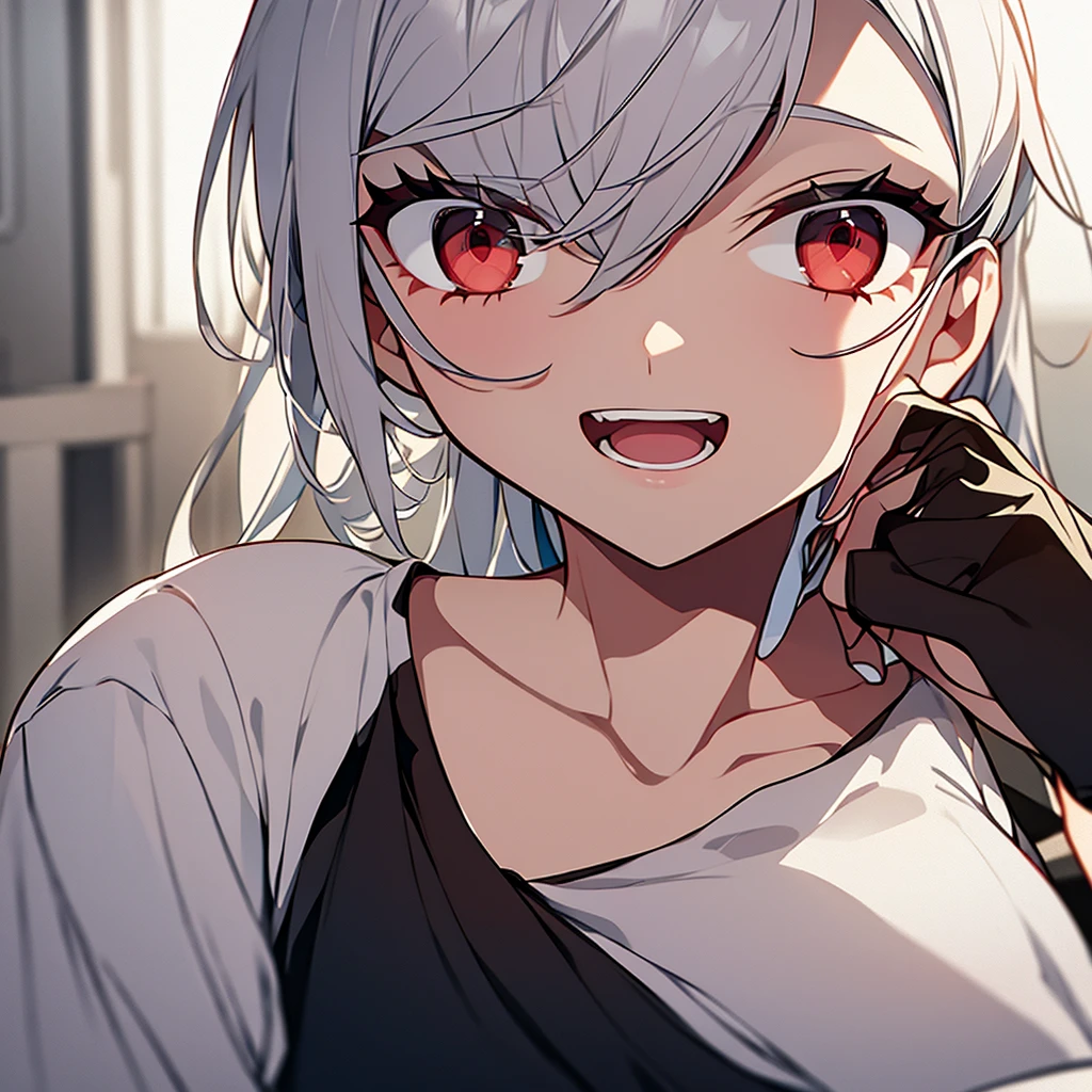 woman,Red eyes,white hair,Wearing a gray t-shirt,Have fair skin.,with a cute, bright, cheerful face,