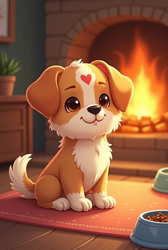 Understood! In the illustration, your dog will have the brown heart-shaped spot on his head and a tender expression on his face. Let's make sure we capture the warmth of the fire and the comfort of the setting, with the food and water bowls nearby to add the finishing touch. It sounds like a very cozy and charming scene!