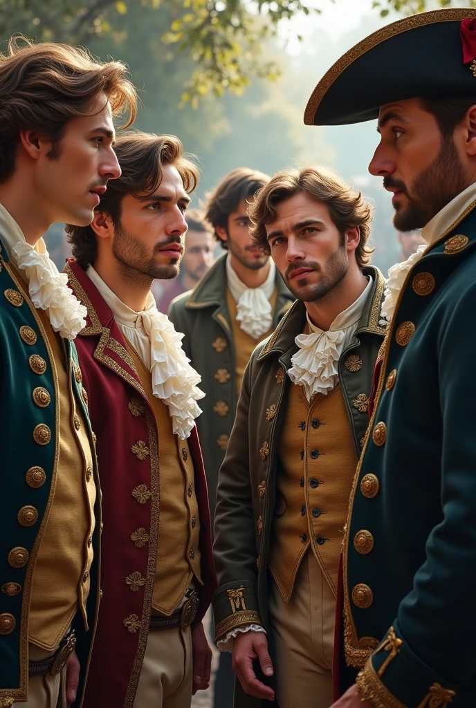 Men amazed by 18th-century clothing