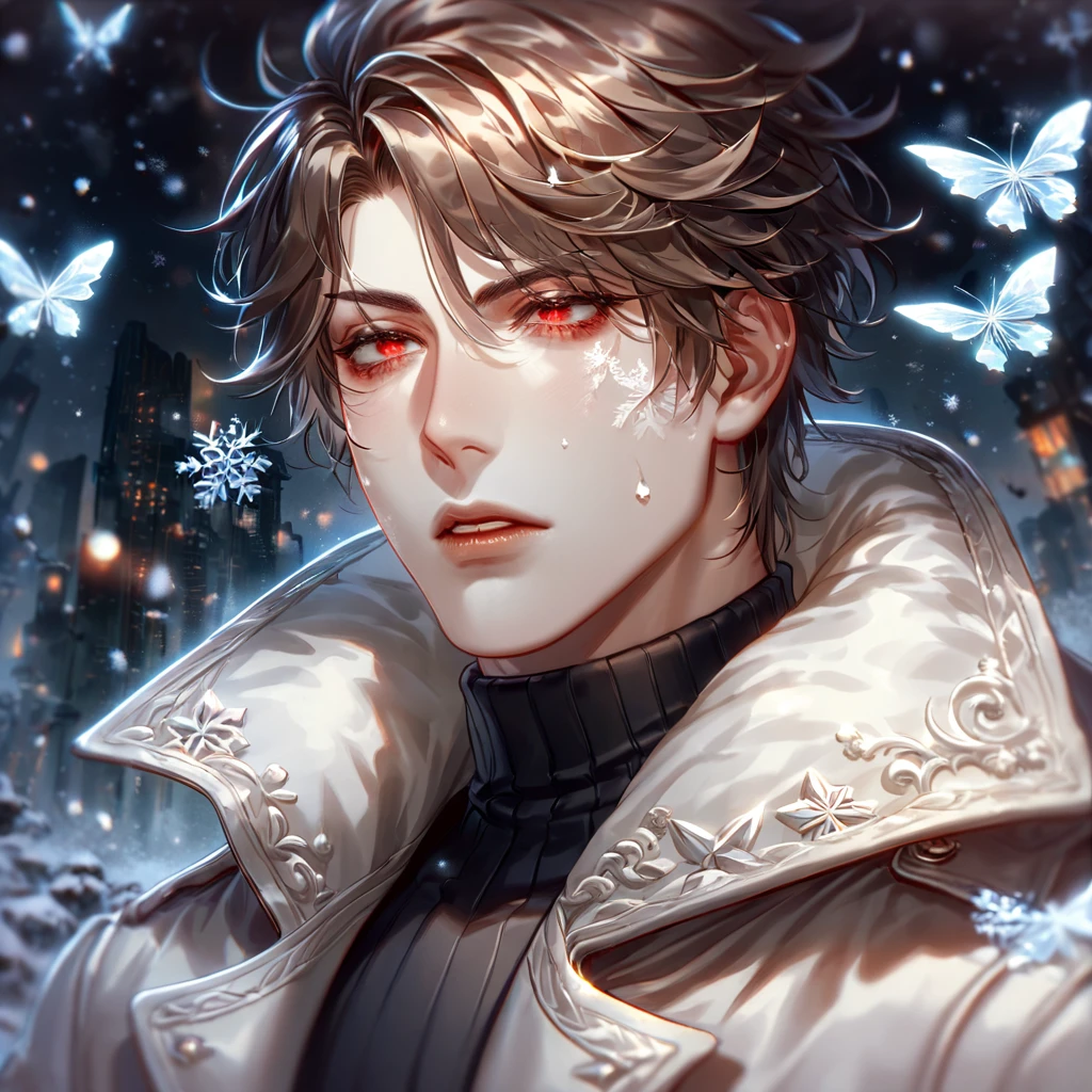 absurdres, highres, ultra detailed, HDR, master piece, best quality, extremely detailed face, delicated features, Jiu Qin, dark brown hair that parts just above his left eye, messy hair, expressive red eyes, Quanqiu Gaokao, solo, sexy man, handsome, sensual, black trench coat, black tight turtleneck shirt, black gloves, fantasy, magical, apocalyptic city, snow, snowflakes, ice butterflies, snowing, ruins, post apocalyptic scenery