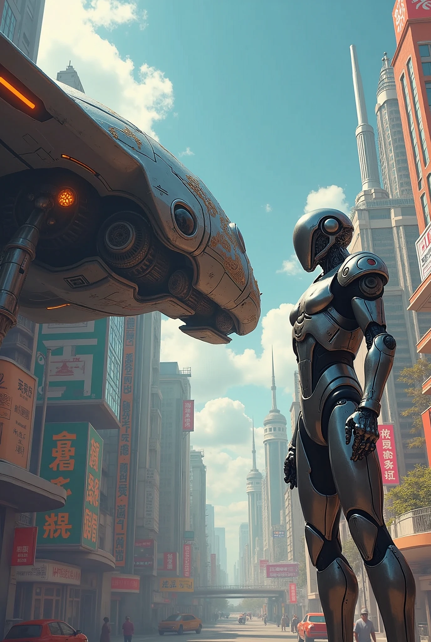 A futuristic scene featuring a large, intricately-designed robot airplane facing off against a humanoid robot with a similar metallicappearance. The airplane is adorned with intricate patterns and glowing lights, while the humanoid robot stands tall with a protective stance. In the background, there's a city skyline with buildings that are a mix of modern and retro architecture. The overall atmosphere of the image is a blend of high-tech futuristic and nostalgic elements.Less, dark fantasy