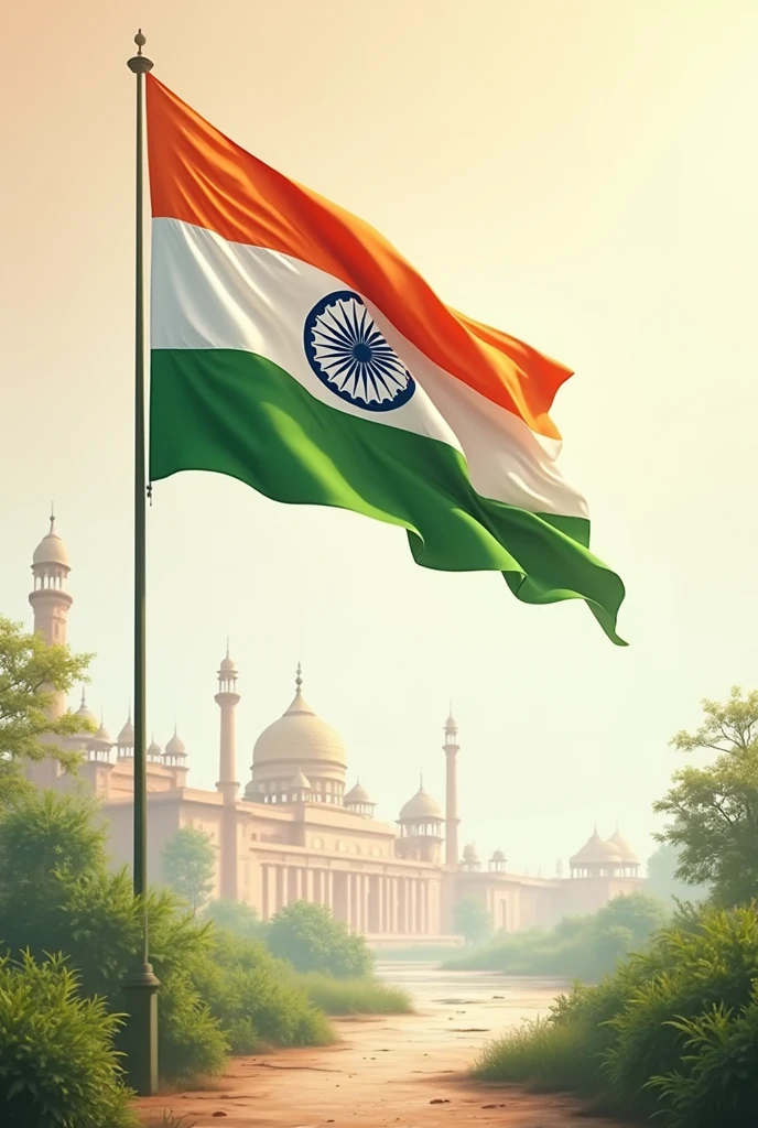 A poster for 15th august for a shoes selling page with flag with a aesthetic picture and some small slogan independence day for India