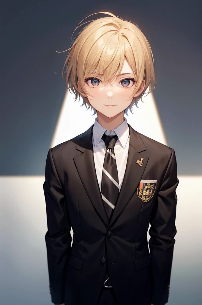 (((masterpiece; best quality: 1.2))), (finely detailed eyes: 1.3), ((1 male teen)), ((solo)), (brown eyes: 1.4), (body shape; lean, masculine, manly: 1.3), (very short blond hair: 1.3), (clear background: 1.2), ((depth of field)), (equipment: male school uniform + black jacket + black necktie + white shirt: 1.3), (anime illustration: 1.2), (background composition; japanese highschool classroom + furniture: 1.1), (very handsome: 1.1), (shot composition; standing + centered on face + medium-shot close-up: 1.5), (facial expression; calm + smile: 1.2)