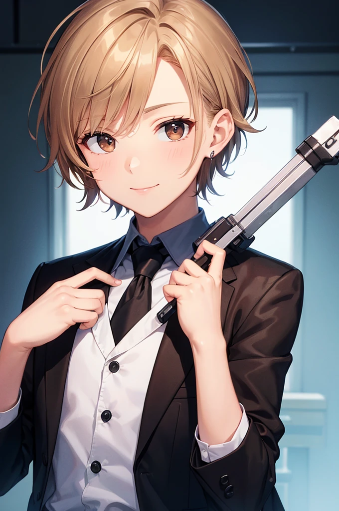 (((masterpiece; best quality: 1.2))), (finely detailed eyes: 1.3), ((1 male teen)), ((solo)), (brown eyes: 1.4), (body shape; lean, masculine, manly: 1.3), (very short blond hair: 1.3), (clear background: 1.2), ((depth of field)), (equipment: male school uniform + black jacket + black necktie + white shirt: 1.3), (anime illustration: 1.2), (background composition; japanese highschool classroom + furniture: 1.1), (very handsome: 1.1), (shot composition; standing + centered on face + medium-shot close-up: 1.5), (facial expression; calm + smile: 1.2)