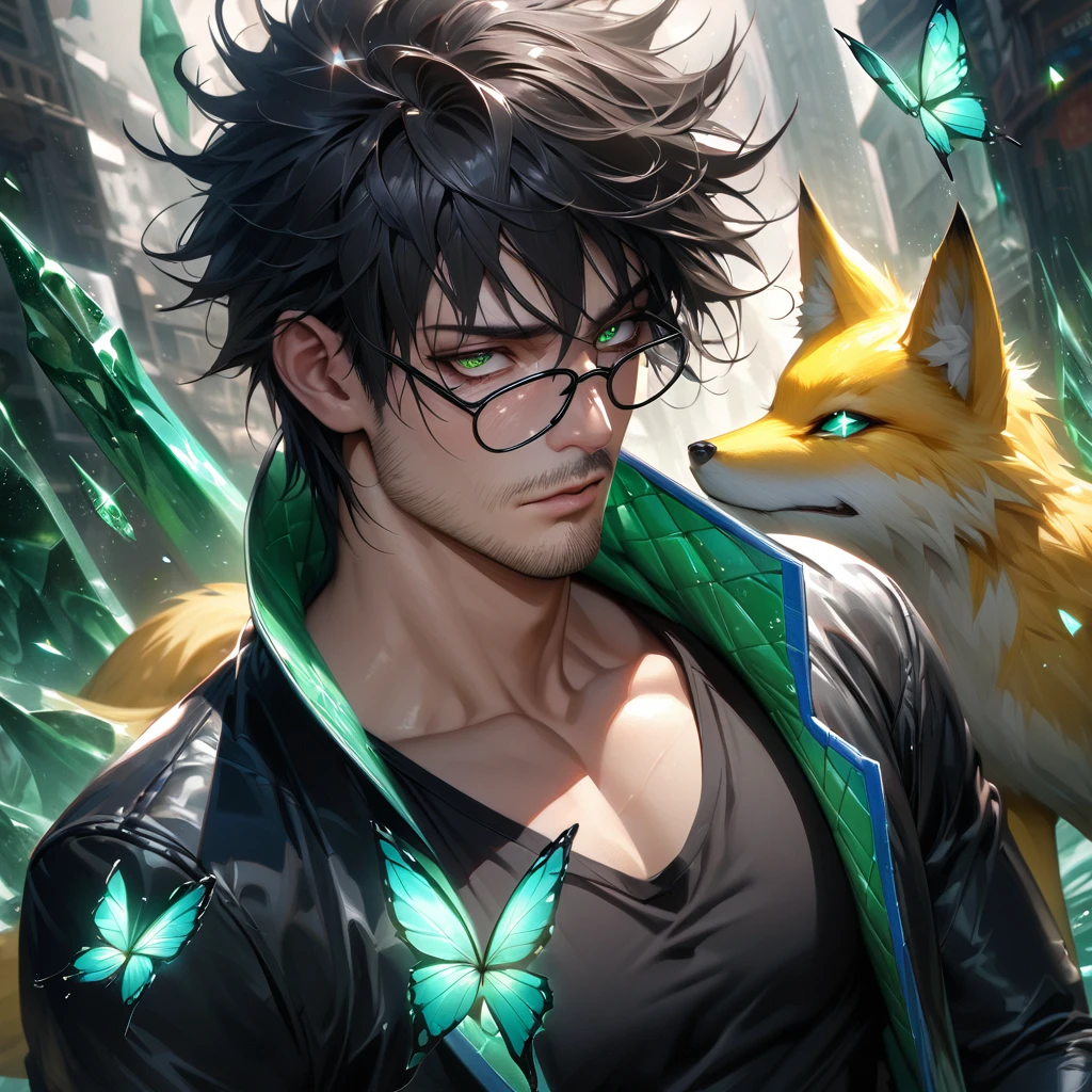 Extremely detailed, high resolution, absurd, HDR, masterpiece, Fushiguro Megumi, Black Hair, Expressive green eyes, Jiu Jitsu Kaiba, Black long coat, green Ice flowers, petal, Very handsome, Sexy men, Solitary, Extremely detailed eyes and face, green Ice, green Ice sparkling butterflies, Black T-shirt, Realistic face, sparkling, sparkling eyes, yellow Fox, men with stubble, short beard, short mustache, Beard scum, slightly curly hair, and black square plastic-framed glasses