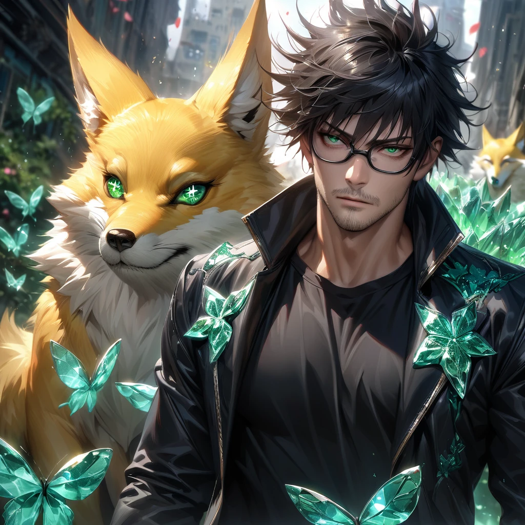 Extremely detailed, high resolution, absurd, HDR, masterpiece, Fushiguro Megumi, Black Hair, Expressive green eyes, Jiu Jitsu Kaiba, Black long coat, green Ice flowers, petal, Very handsome, Sexy men, Solitary, Extremely detailed eyes and face, green Ice, green Ice sparkling butterflies, Black T-shirt, Realistic face, sparkling, sparkling eyes, yellow Fox, men with stubble, short beard, short mustache, Beard scum, slightly curly hair, and black square plastic-framed glasses