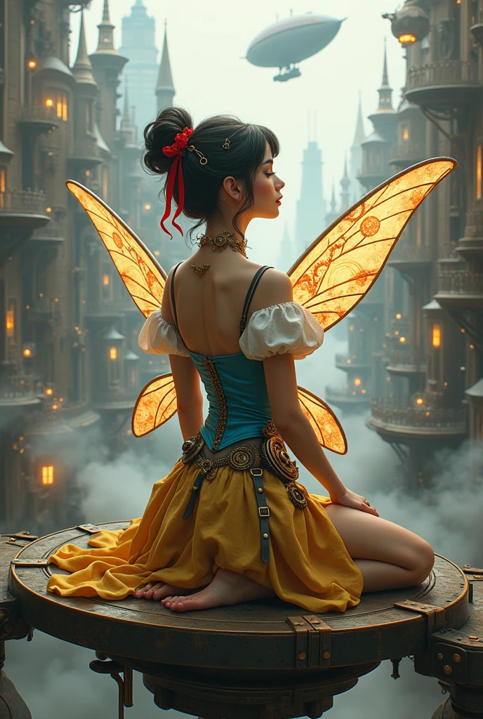 A steampunk fairy kneels gracefully on a metal platform amidst a bustling, mechanical cityscape. She has dark hair styled in soft curls, adorned with a bright red ribbon. Her outfit is a fusion of classic fairy tale and steampunk elements, featuring a blue corset, puffy sleeves, and a yellow skirt with intricate gears and leather straps. Her delicate wings are made of intricate metal and glass, reflecting the industrial surroundings. The city around her is a marvel of steampunk design, with towering spires, airships floating in the sky, and an array of gears and clockwork mechanisms that animate the environment. The atmosphere is filled with a mix of smoke and steam, creating a dynamic, lively backdrop. ((UHD:1.5)), ((4K:1.5)), ((masterpiece:1.6)), ((steampunk:1.4)), ((fairy tale:1.3)), ((high details:1.5)), by Jean-Baptiste Monge, Tom Bagshaw, Sergey Kolesov., photo