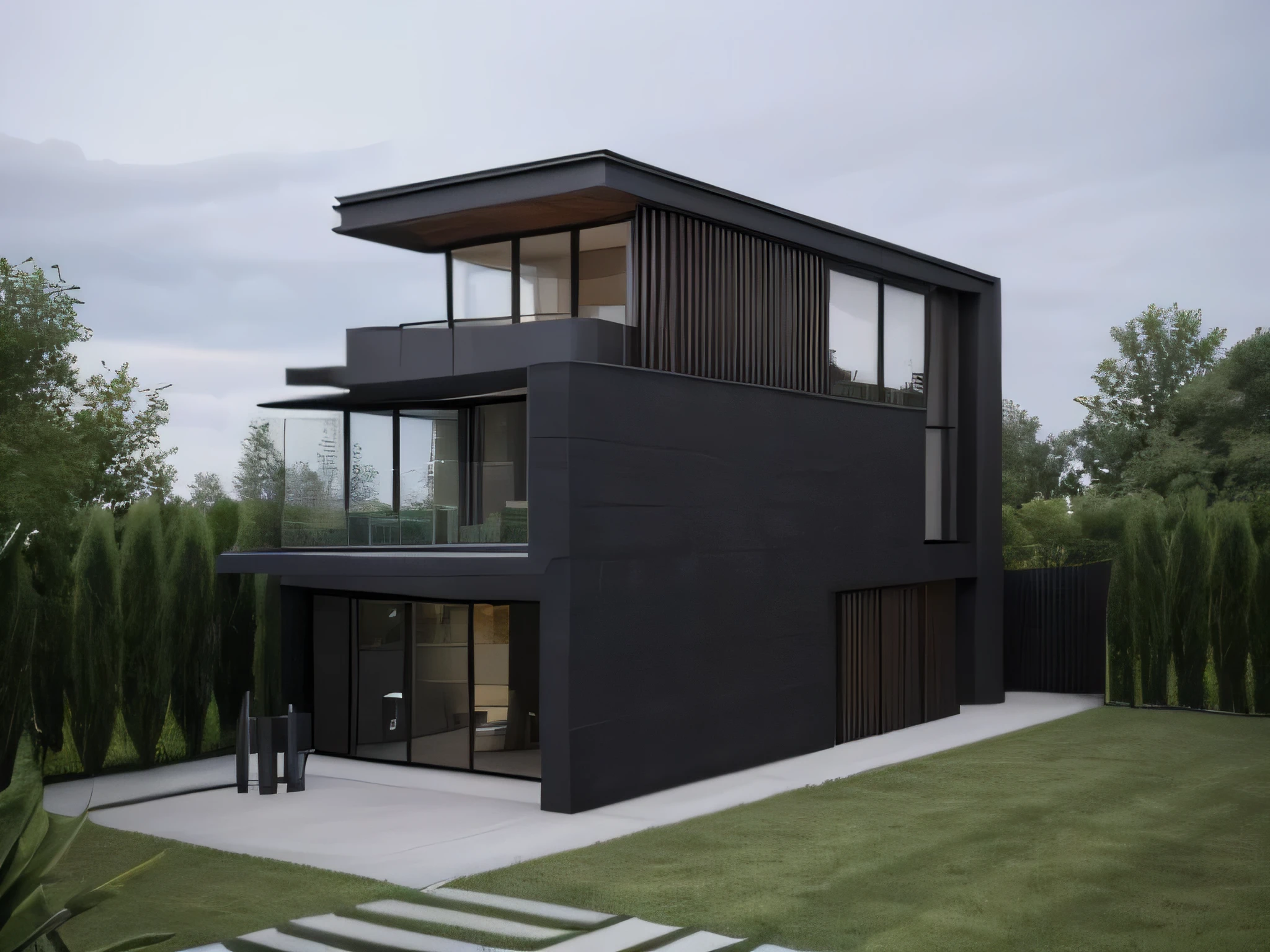 RAW photo,Masterpiece, high quality, best quality, authentic, super detail, exterior, railing glass the style of dark gray and bronze,bold black outlines, clean lin,modernism, house style modern on the garden with glass windows, (a road in front of the villa), 2nd floor wooden louvers, light light, reflective glass, white wall, tree, garden,( realistic :1.2), summer beautiful sky,
