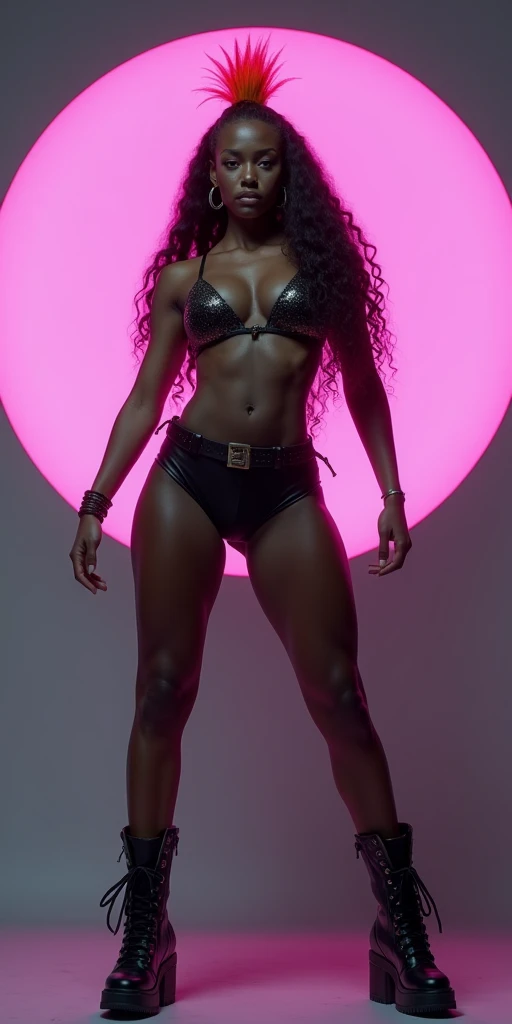 objective, European dark skin Amazon Woman, Hair: She has a very long neon wavy mohawk fade, brown hair, gigantic booty, ttiny waist abs, Pumped up ass thighs, tiny waistline, photo realistic skin, Synthwave, UHD, Womancore, DSLR, gray room with ring neon in background, photography, no nudity, zero waist:2, huge ass