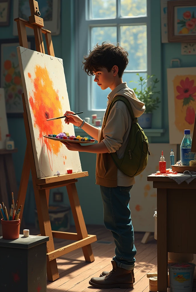 A teenager in a room with art canvases all around, and he's painting.