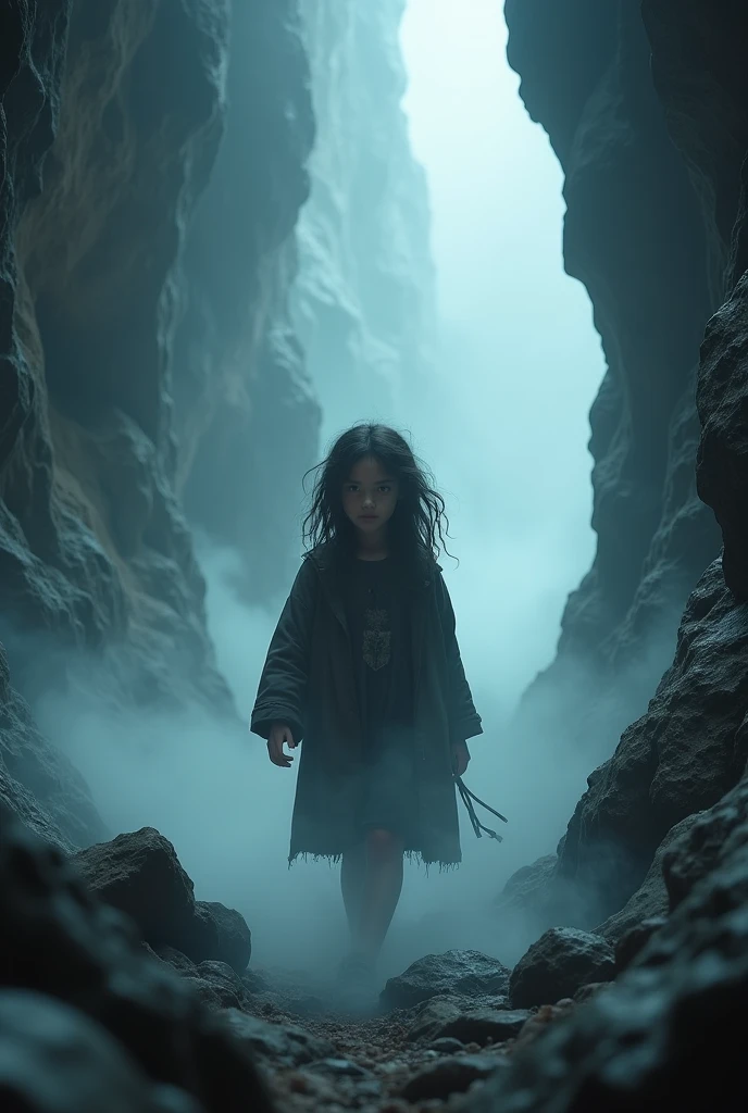 (RAW photo, realistic photo, high quality, masterpiece), girl is walking in the cave, in Mysterious Fog, dangerous 