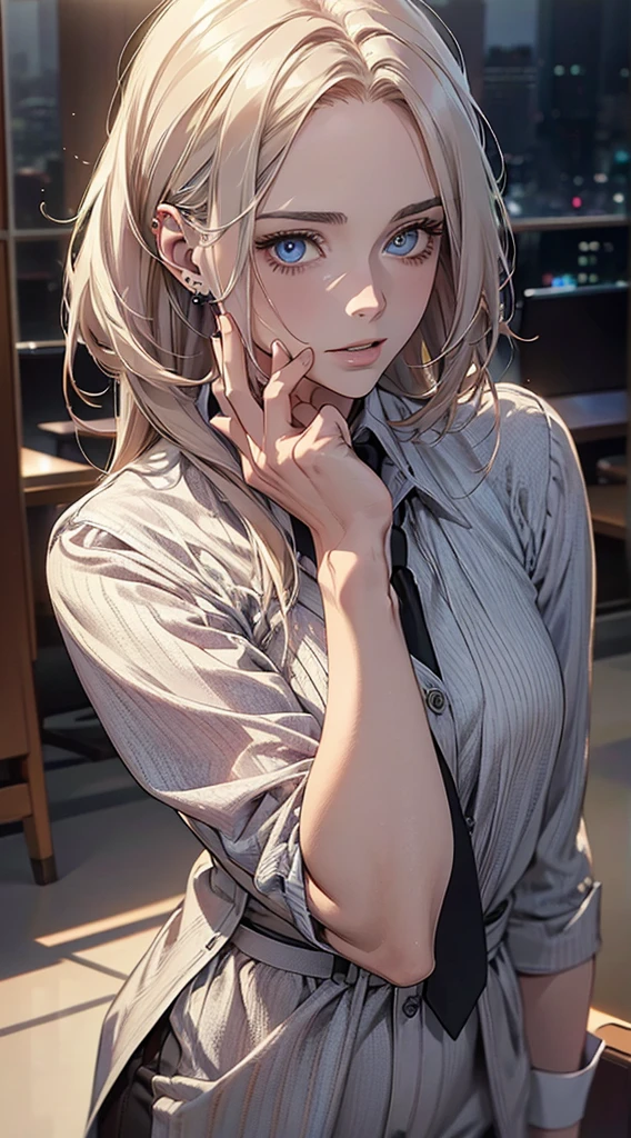 (top quality,4K,8 K,a high resolution,masterpiece:1.2),super detailed,(realistic,photorealistic,photo-realistic:1.37),1 person,34 years old,Mature men,beautiful skin Very pretty, long straight platinum hair,Blue eyes,piercing eyes,no doubt, perfect face,Businessman, CEO, Office background,Cinema Lighting,HDR-изображение,tie、full length