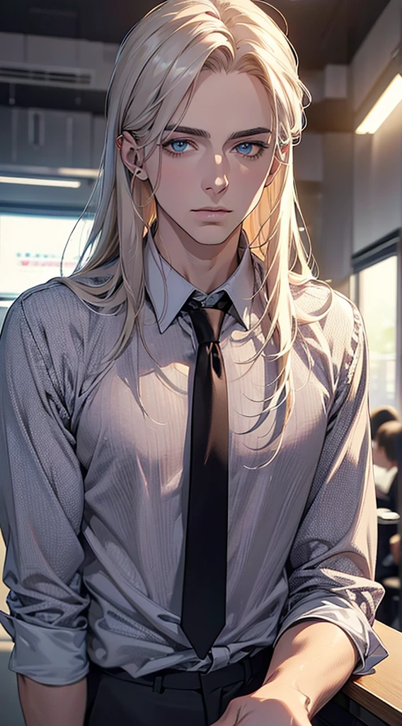 (top quality,4K,8 K,a high resolution,masterpiece:1.2),super detailed,(realistic,photorealistic,photo-realistic:1.37),1 person,34 years old,Mature men,beautiful skin Very pretty, long straight platinum hair,Blue eyes,piercing eyes,no doubt, perfect face,Businessman, CEO, Office background,Cinema Lighting,HDR-изображение,tie、full length