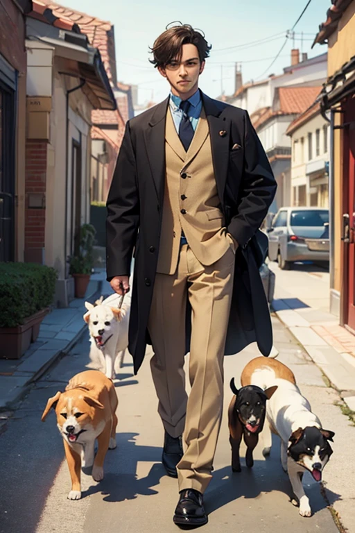 (Best quality, masterpiece:1.2), A guy walking with ten dogs of different breeds
