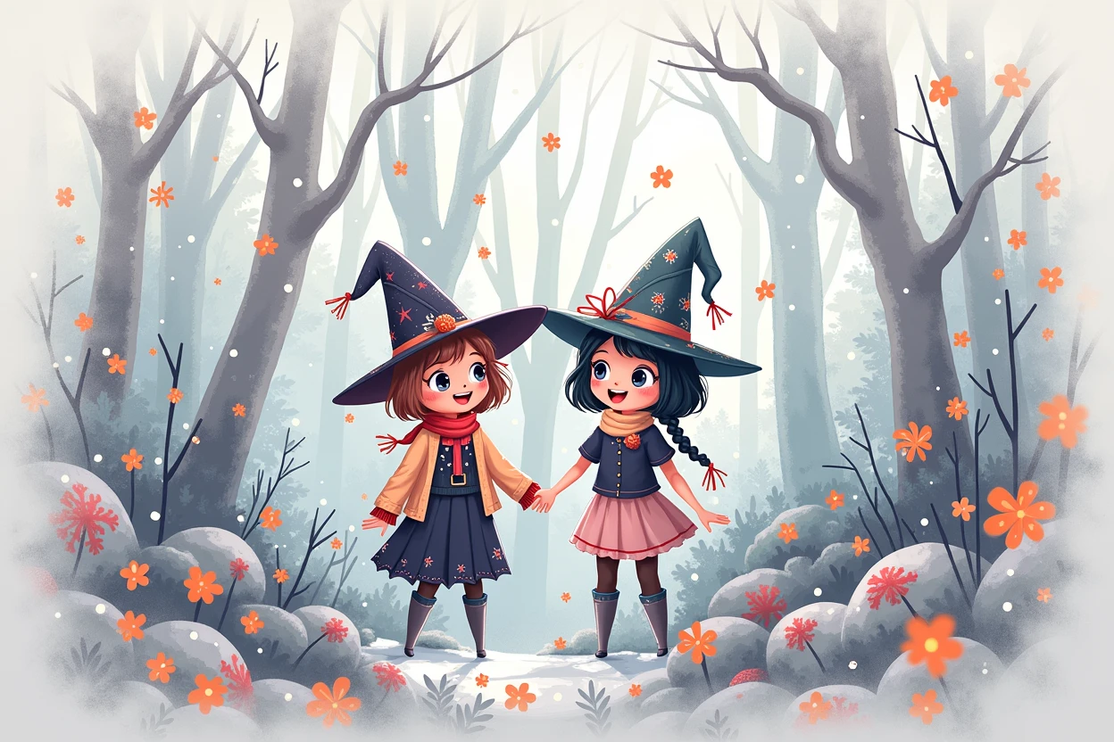 two  witches lost in a white forest, beautiful, pretty, frienship