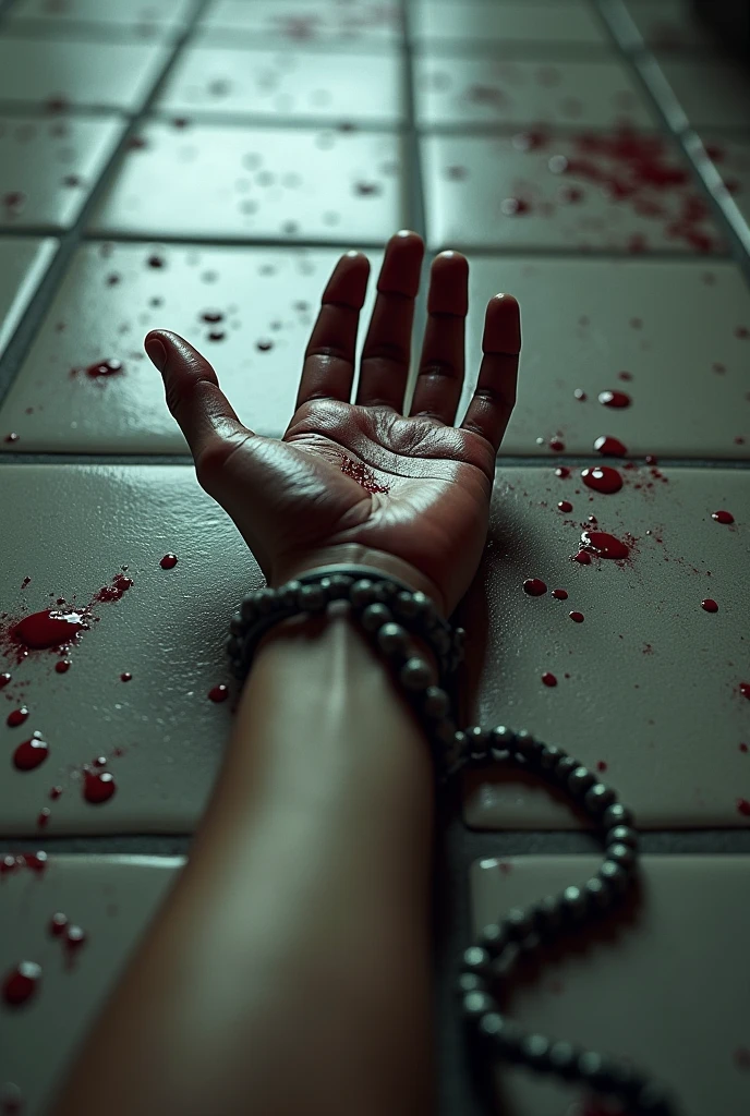 Make an image of a hand lying on the floor with the palm facing up., that is on a lead and bloody ceramic floor